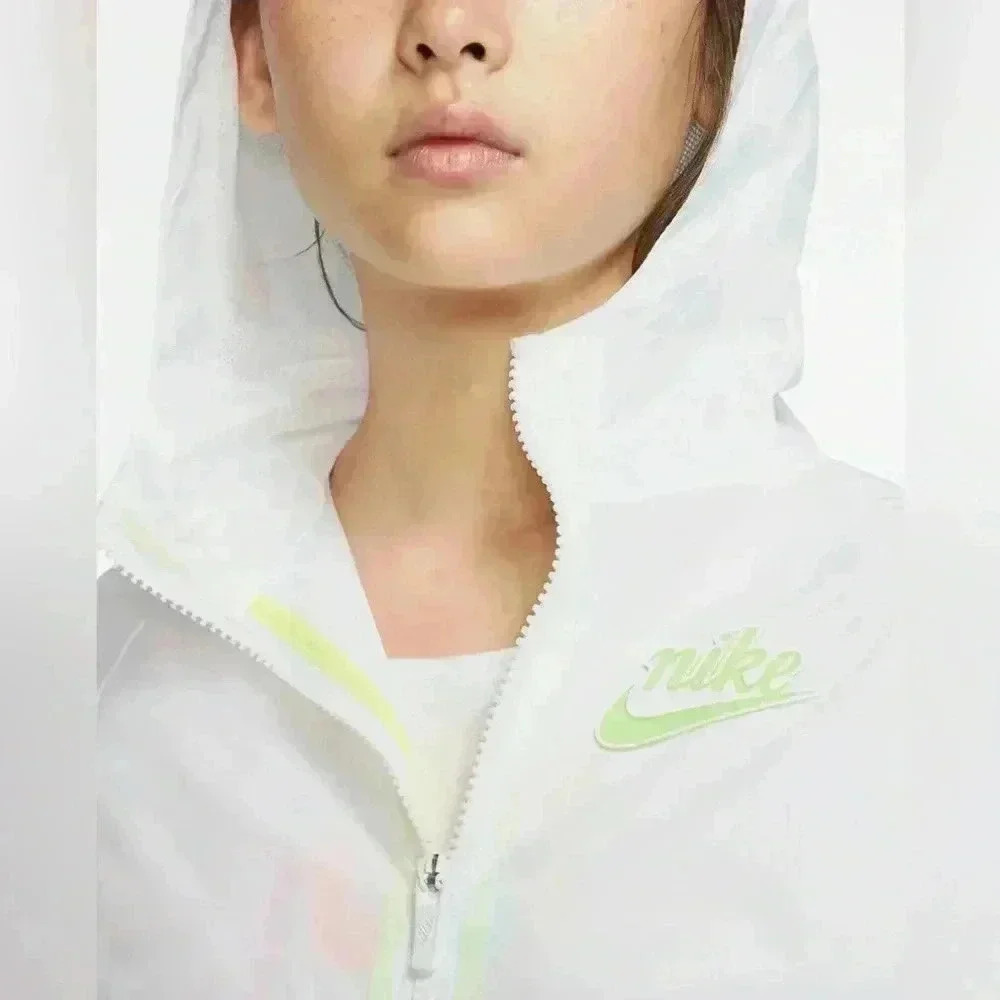 Girls Nike Windrunner Lightweight Wind Rain Hooded Jacket White Volt Sz L AQ9167